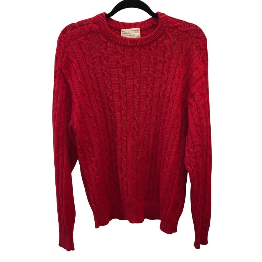 VTG Lord Jeff Men XL Red Fine Cotton Cable Knit Pullover Fisherman Sweater USA